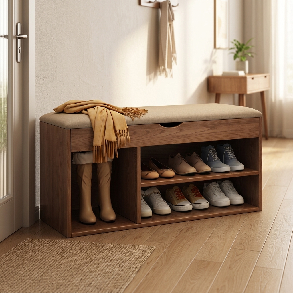 Shoe Storage Bench with Cushioned Seat Wooden Entryway Shoe Organizer Rack 2-Tier Hallway Footstool Mudroom Storage Cabinet