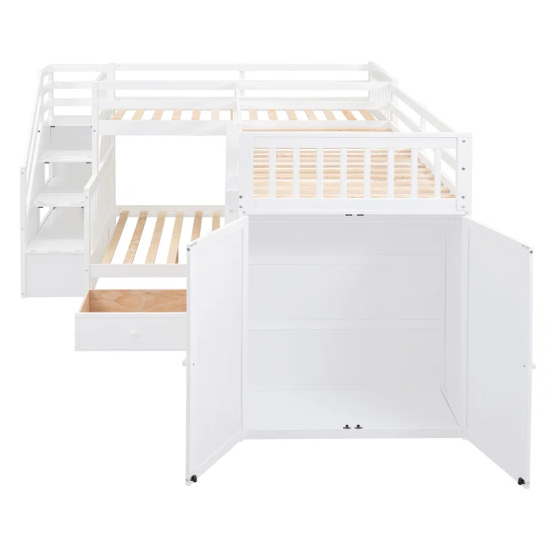 Factory Wholesale Kids Bedroom Furniture Sets Twin-Twin Over Full L-Shaped Bunk Bed With 3 Drawers, Portable Desk and Wardrobe