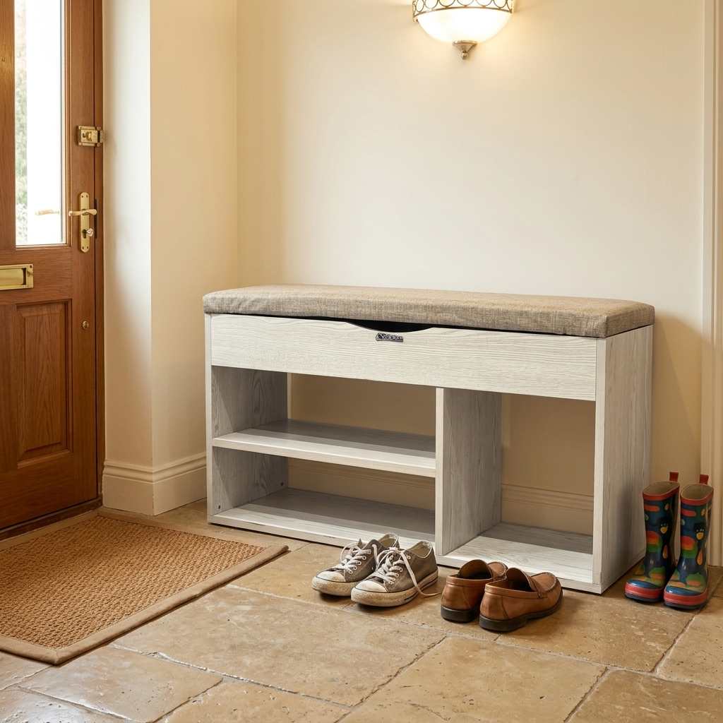 Shoe Storage Bench with Cushioned Seat Wooden Entryway Shoe Organizer Rack 2-Tier Hallway Footstool Mudroom Storage Cabinet