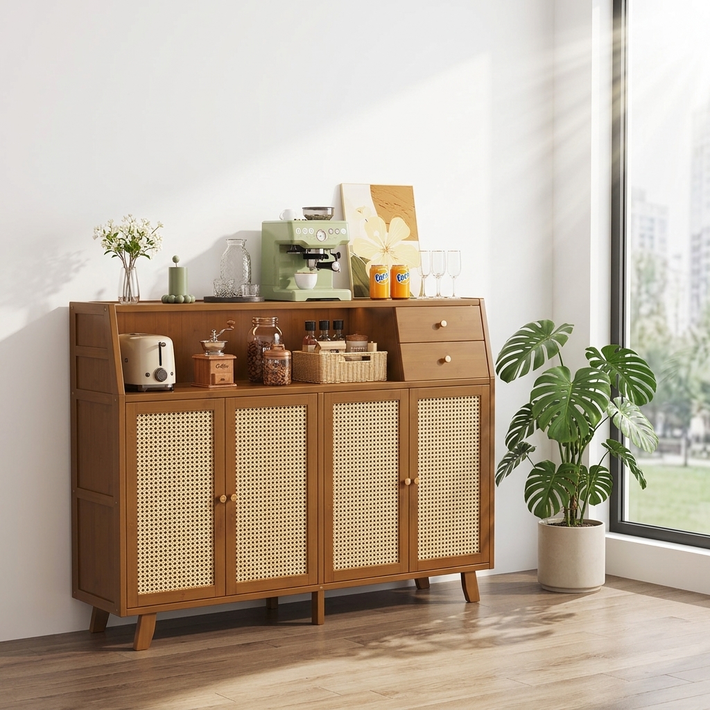 Wood Modern Minimalist Multifunction Sideboard Buffet Cabinet with Drawers Kitchen Storage 5 Ft+