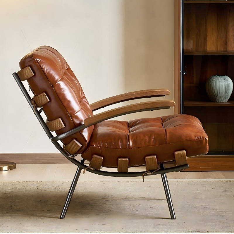 Retro Oil Wax Leather Leisure Chair, 115&deg; Reclining Accent Chair with Removable Cushion for Home Office