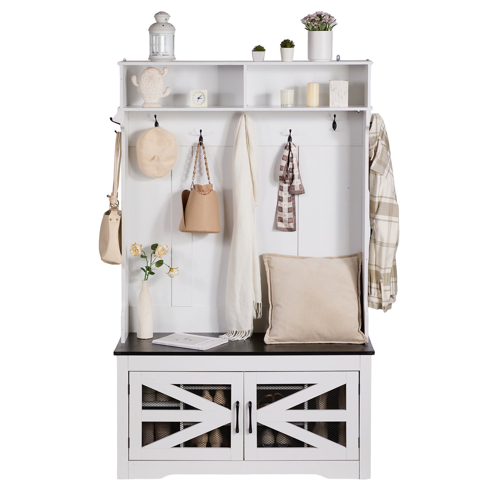 LED Coat Rack Hall Tree Entryway Bench with Shoe Storage 42 Inches Wide Mudroom Storage Seating Adjustable Shelves Over Door Racks