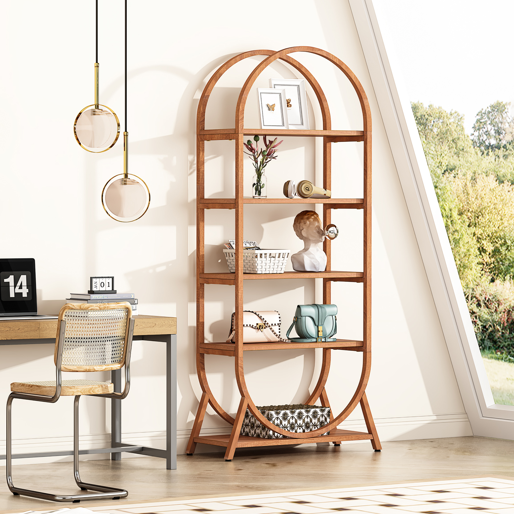 Factory Home Decor 5 Layers Brown Open Storage MDF Arched Contemporary Bookshelf Bookcase Standing Type Living Room Bedroom