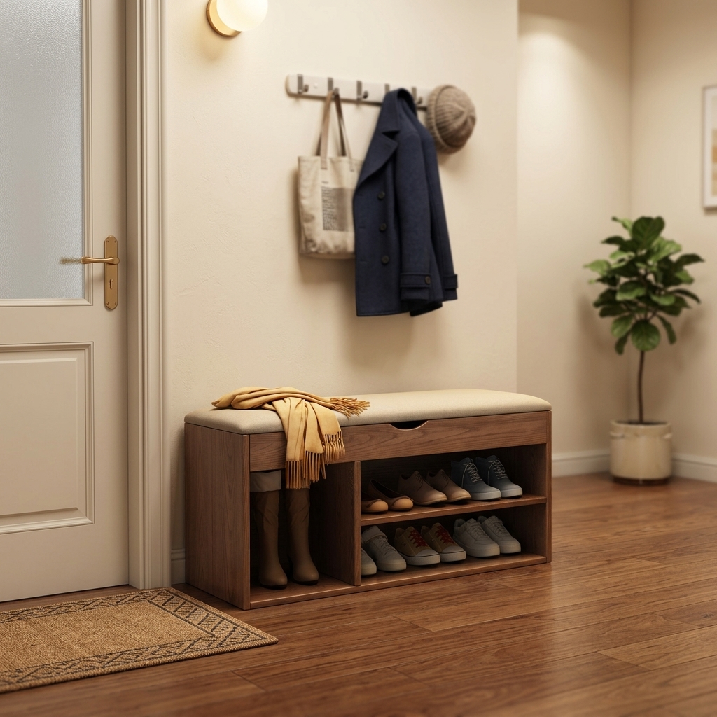 Shoe Storage Bench with Cushioned Seat Wooden Entryway Shoe Organizer Rack 2-Tier Hallway Footstool Mudroom Storage Cabinet