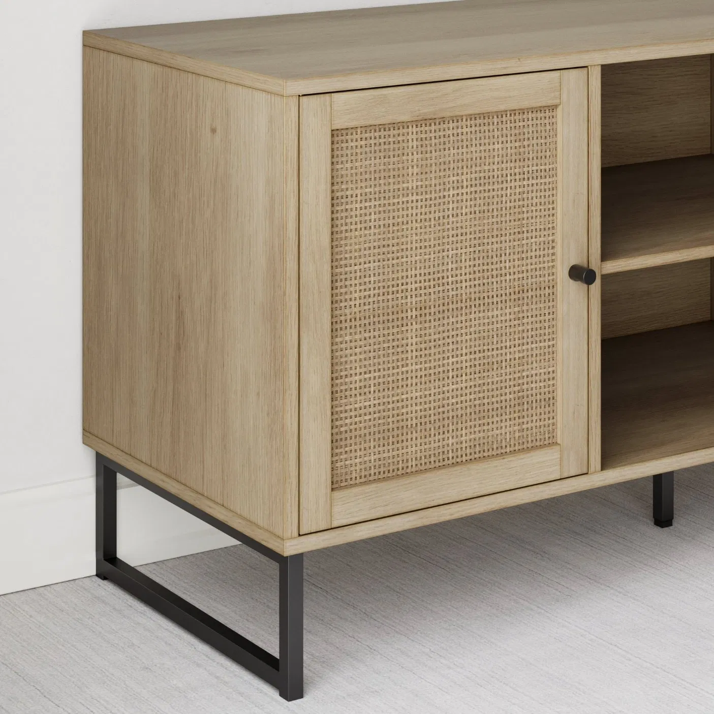 TV Stand Entertainment Cabinet, Console with a Natural Wood Finish and Matte Accents with Storage Doors for Living Media Room