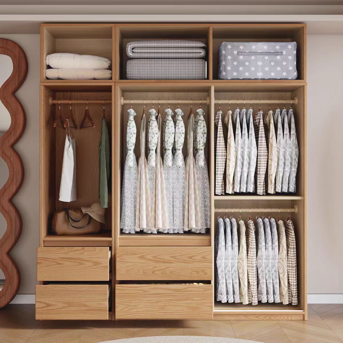 Modern Custom-Made Wood Bedroom Furniture and Wardrobes Freestanding with Adjustable Doors for Home Hotel or Villa