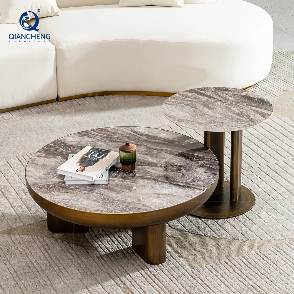 New Designed Rock Plate Ceramic Top Luxury Round Nesting Coffee Table Set with Metal Frame End Table for Living Room Furniture