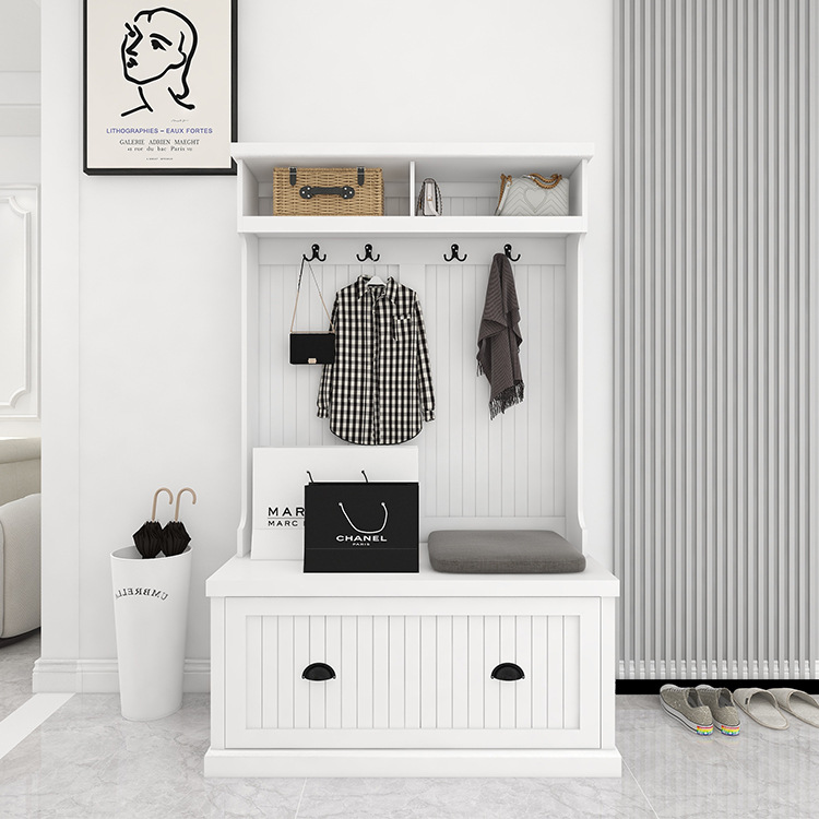 Custom White 3-in-1 Modern Vintage Industrial Entryway Hall Tree -with Coat Rack, Mudroom Bench, Drawer &amp; Living Room Storage