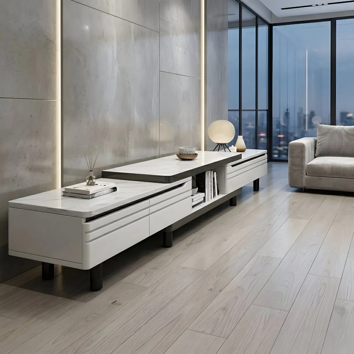 White Media TV Console for Living Room with Open Shelf Display Storage