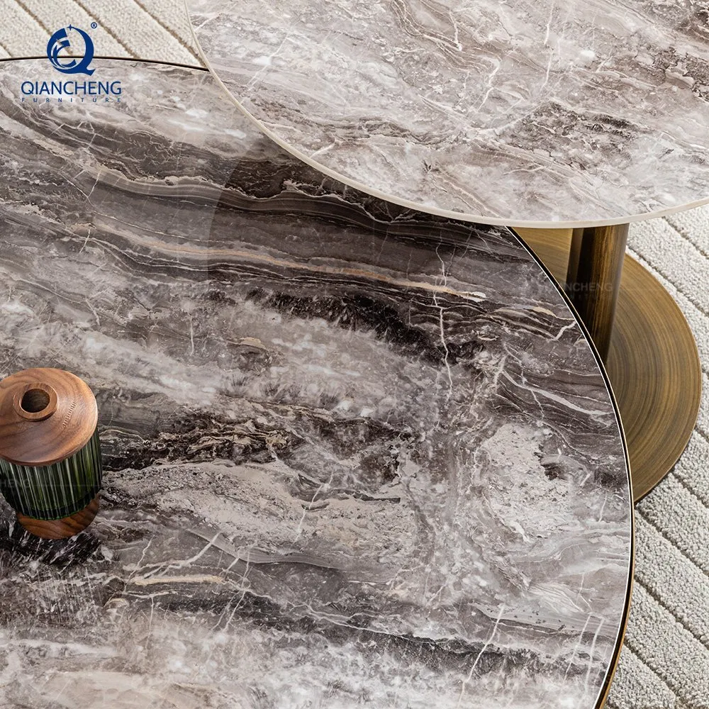 New Designed Rock Plate Ceramic Top Luxury Round Nesting Coffee Table Set with Metal Frame End Table for Living Room Furniture