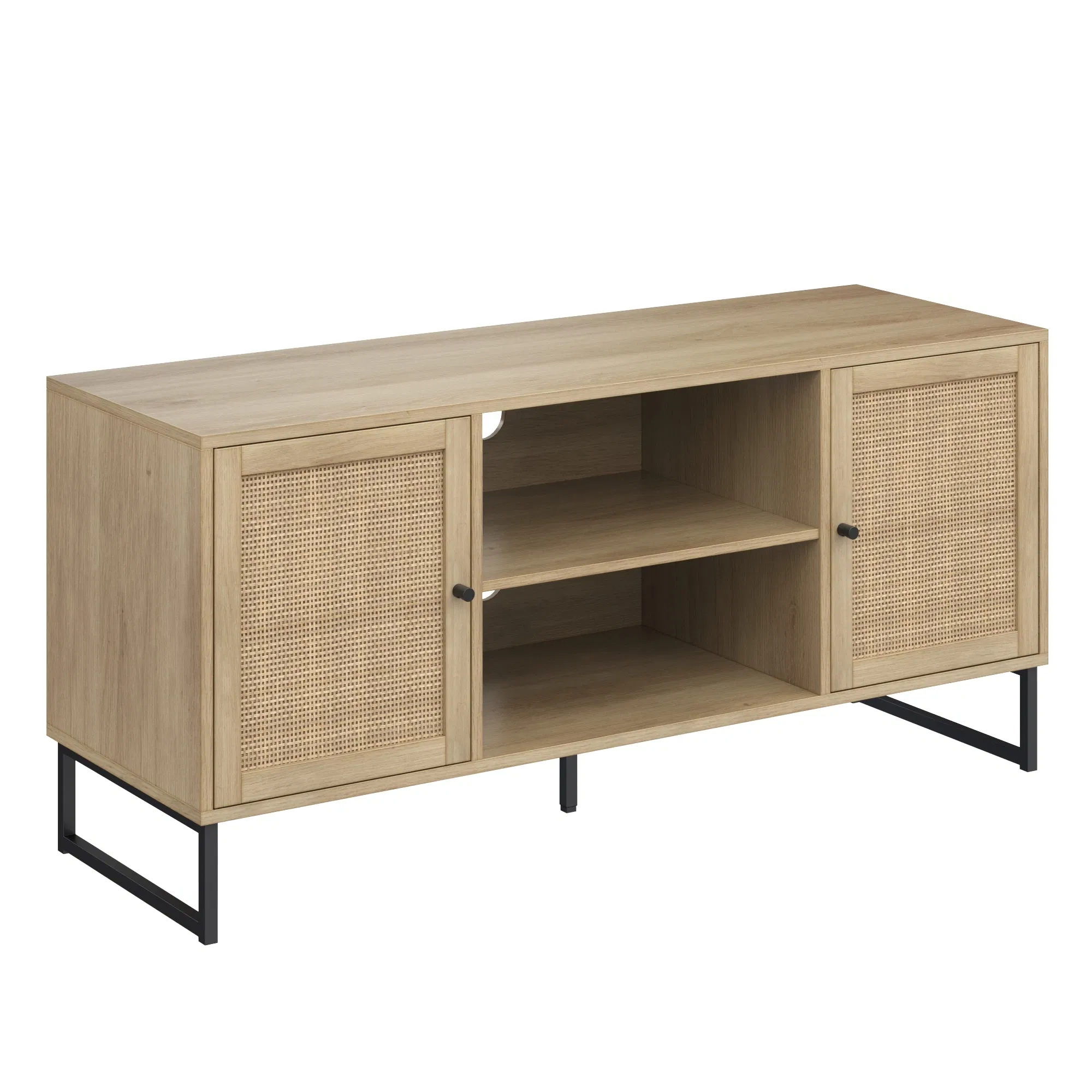 TV Stand Entertainment Cabinet, Console with a Natural Wood Finish and Matte Accents with Storage Doors for Living Media Room
