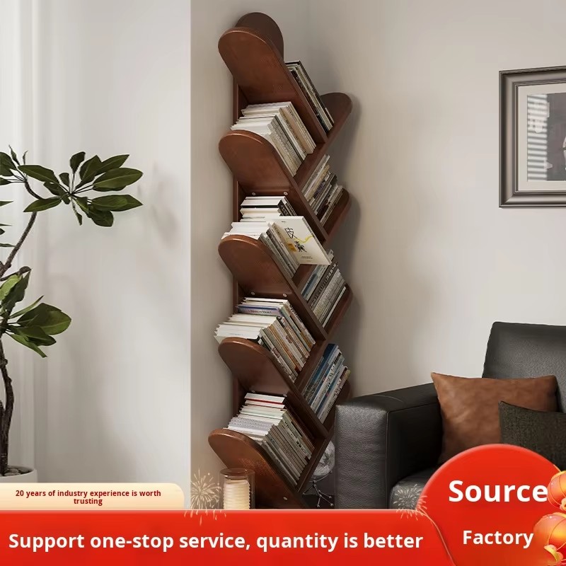 Hot Sell Good Quality Modern Tree Shape Stainless Steel Solid Wood Adjustable Single Layer Book Storage Shelves Bookcase Living