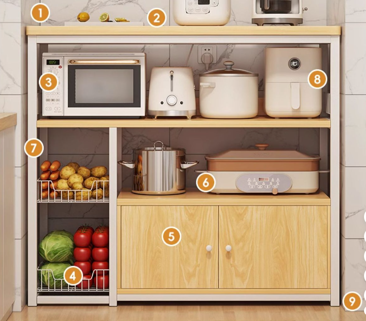 Customized Wooden Modern Kitchen Standing Storage Rack Sideboard Buffet Cabinet with Wire Bracket