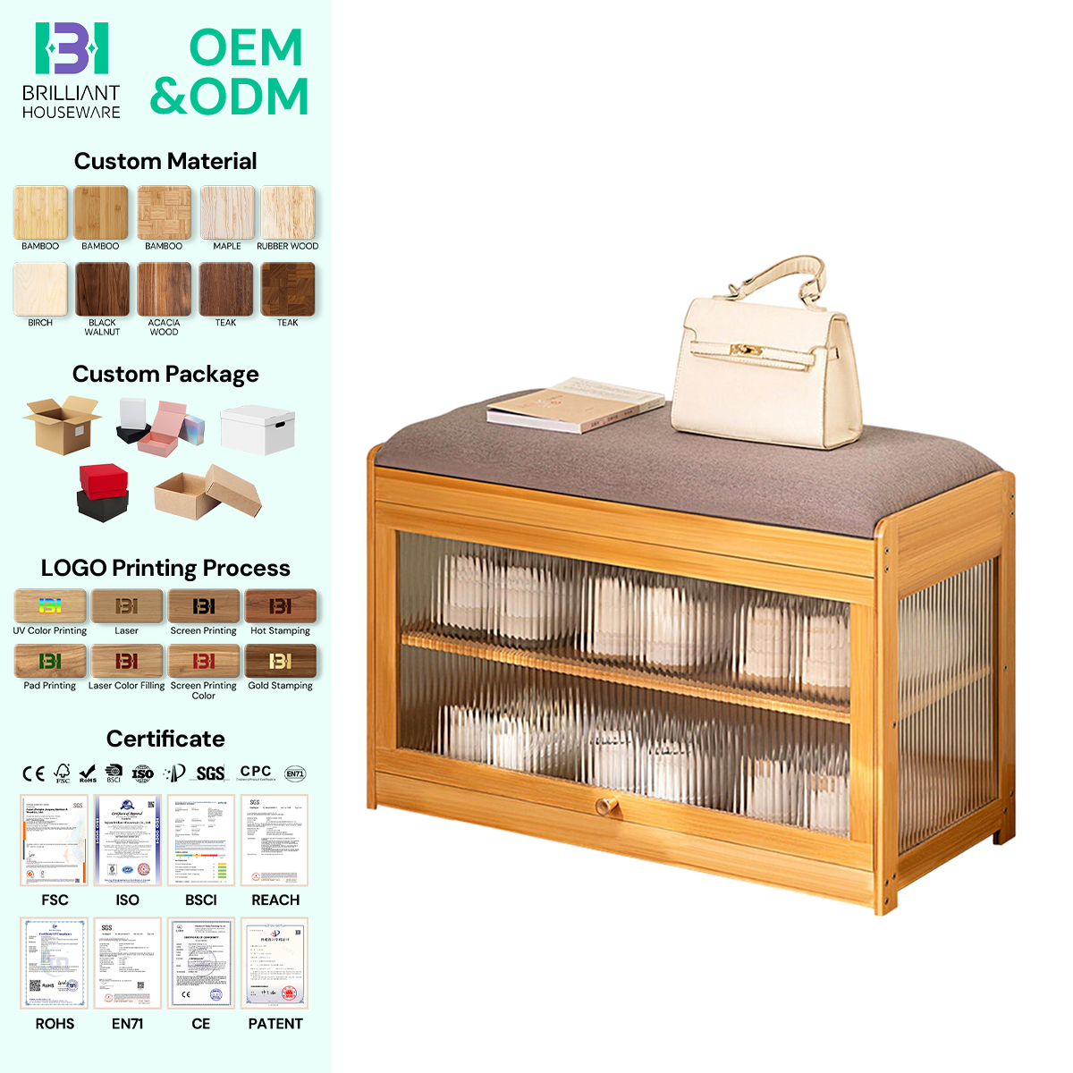 BH Natural Large Shoe Storage Bench Bamboo Entryway Bench with Seat Cushion for Mud Room Patio