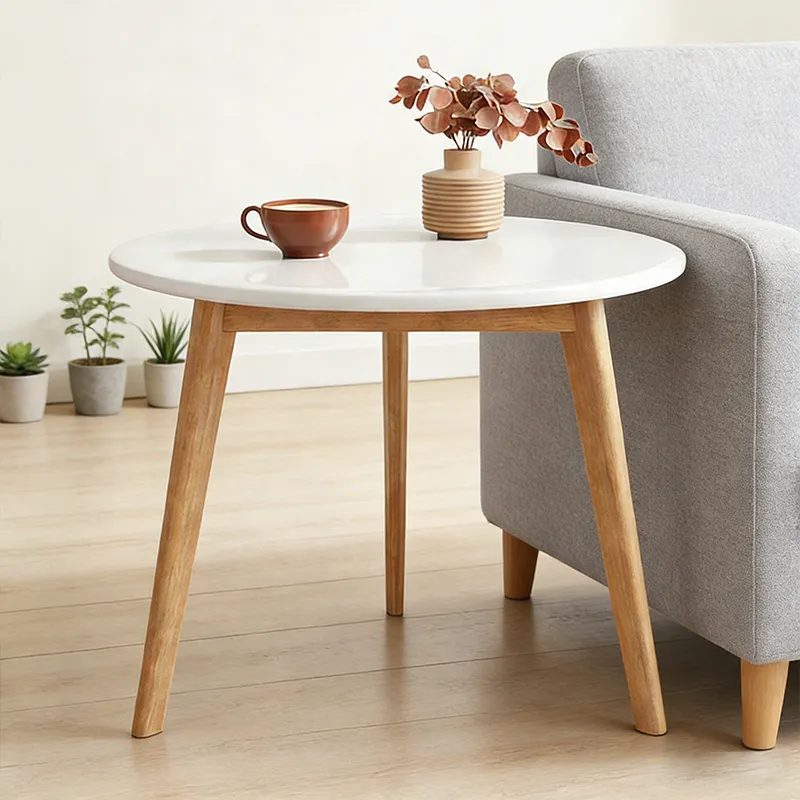 Compact Modern End Table Scandinavian Style White Wooden Side Table Mini Round Coffee Table for Living Room and Balcony