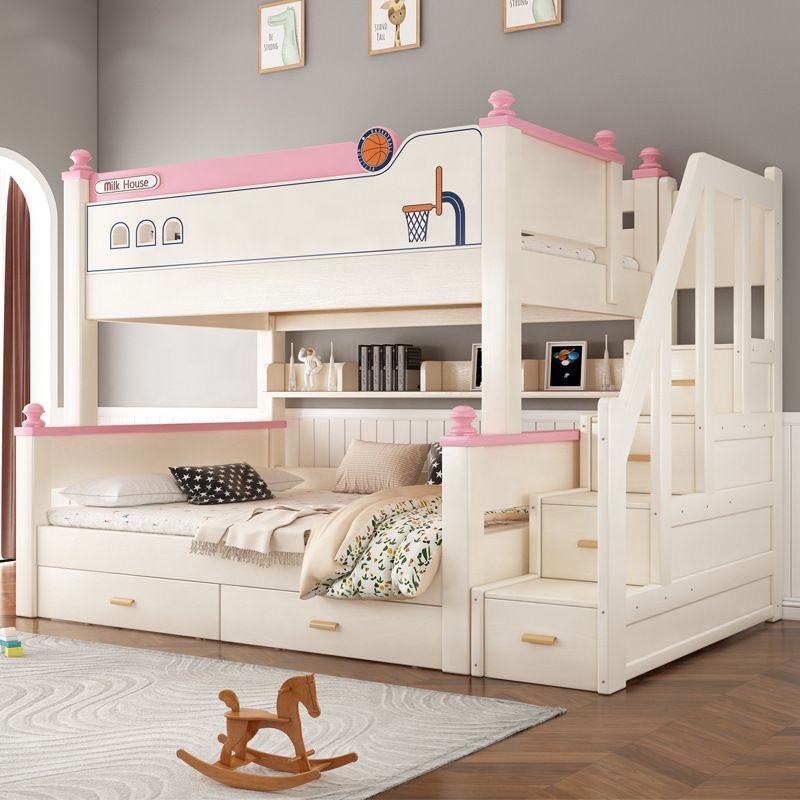 Aesthetic Solid Wood Kids' Beds Bunk Bed Girl Princess Pink Bedroom Furniture Home Furniture with Storage Stairs Free Mattress