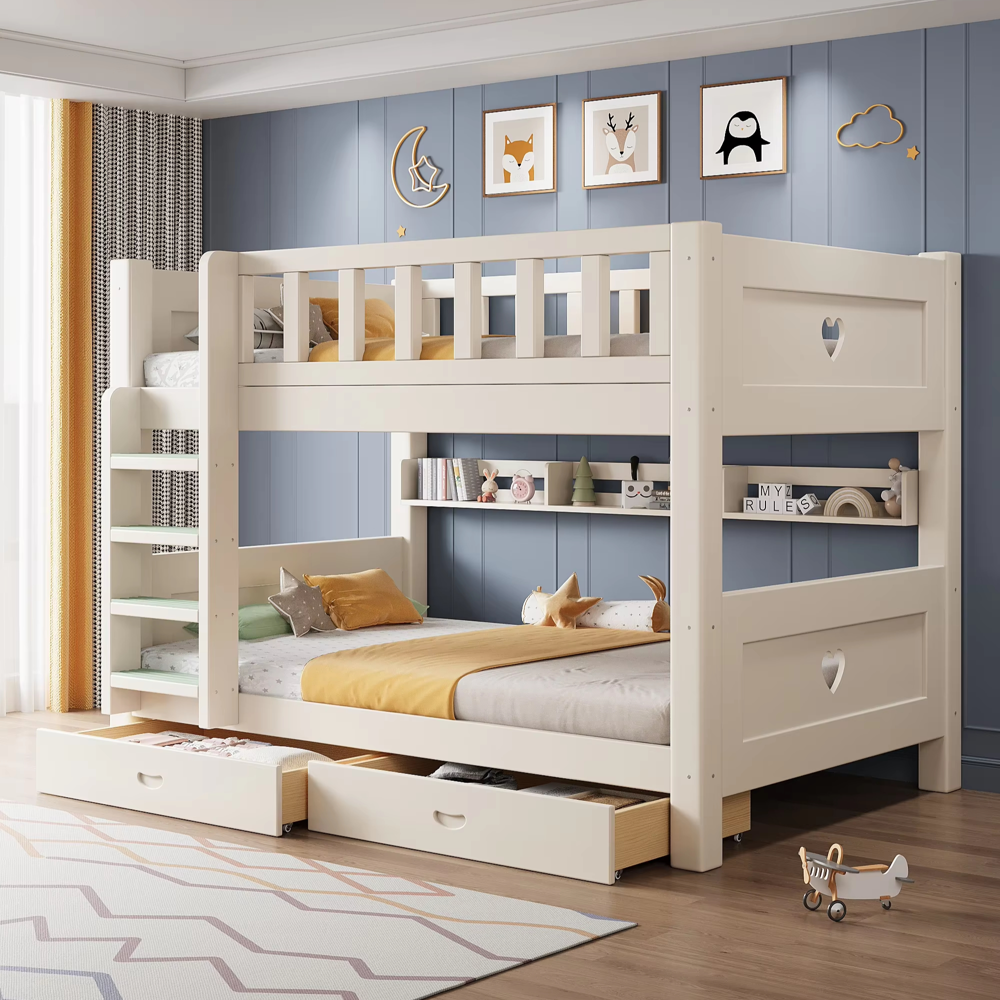 Modern White Storage Slide Safety Fence Sleeping Wooden Toddler Bed Kids Bunk Beds with Mattress