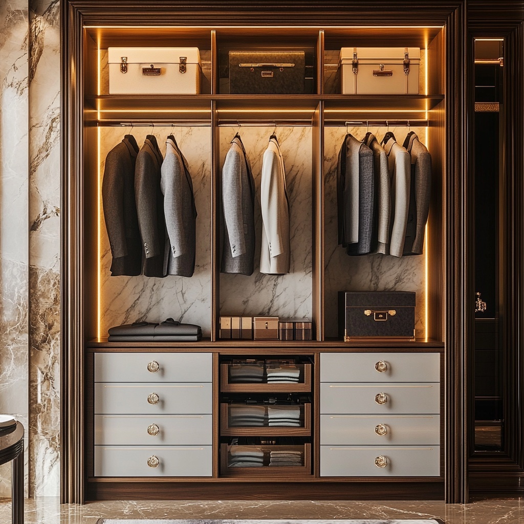Nordic Light Luxury Wardrobe Wood Wardrobe Open Wardrobes with Lights Drawers Accessories Contemporary Living Room Furniture