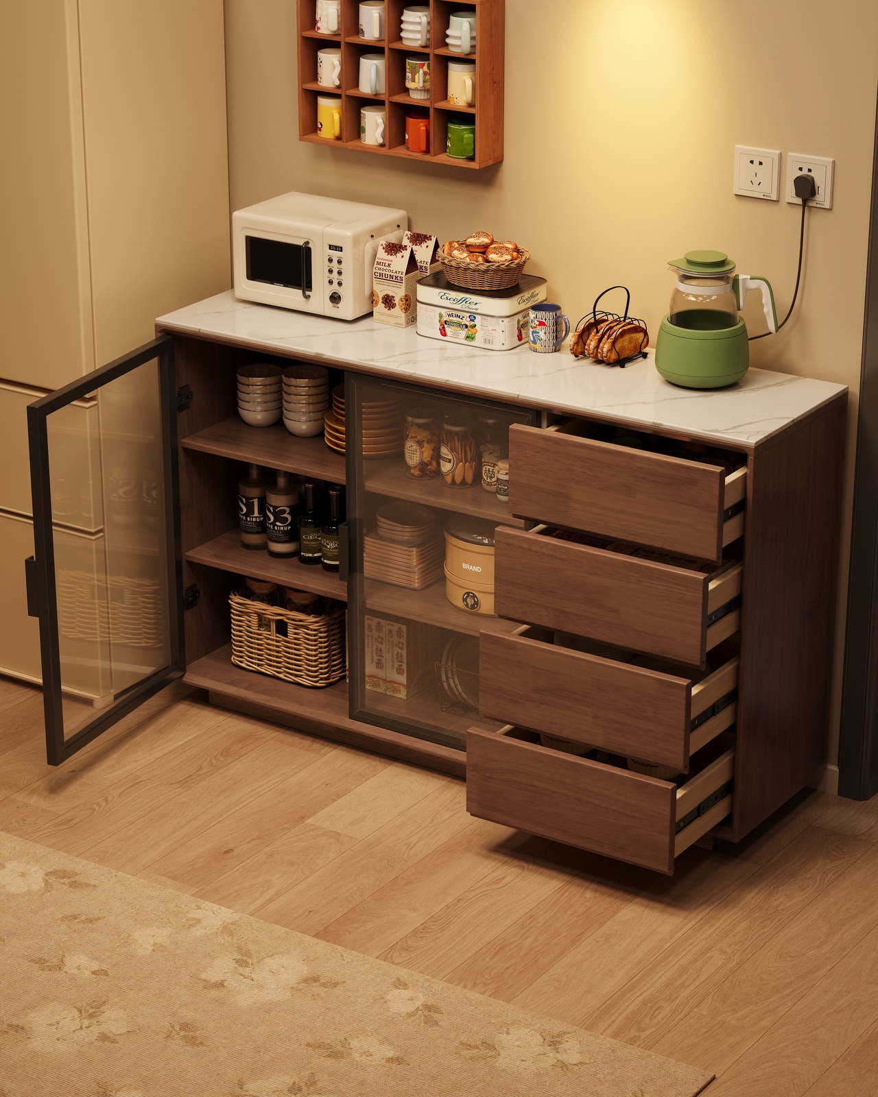 Solid Wood Tall Sideboard Buffet Cabinet with Glass Doors, Pegboard Organizer &amp; Drawers Freestanding Kitchen Pantry Storage