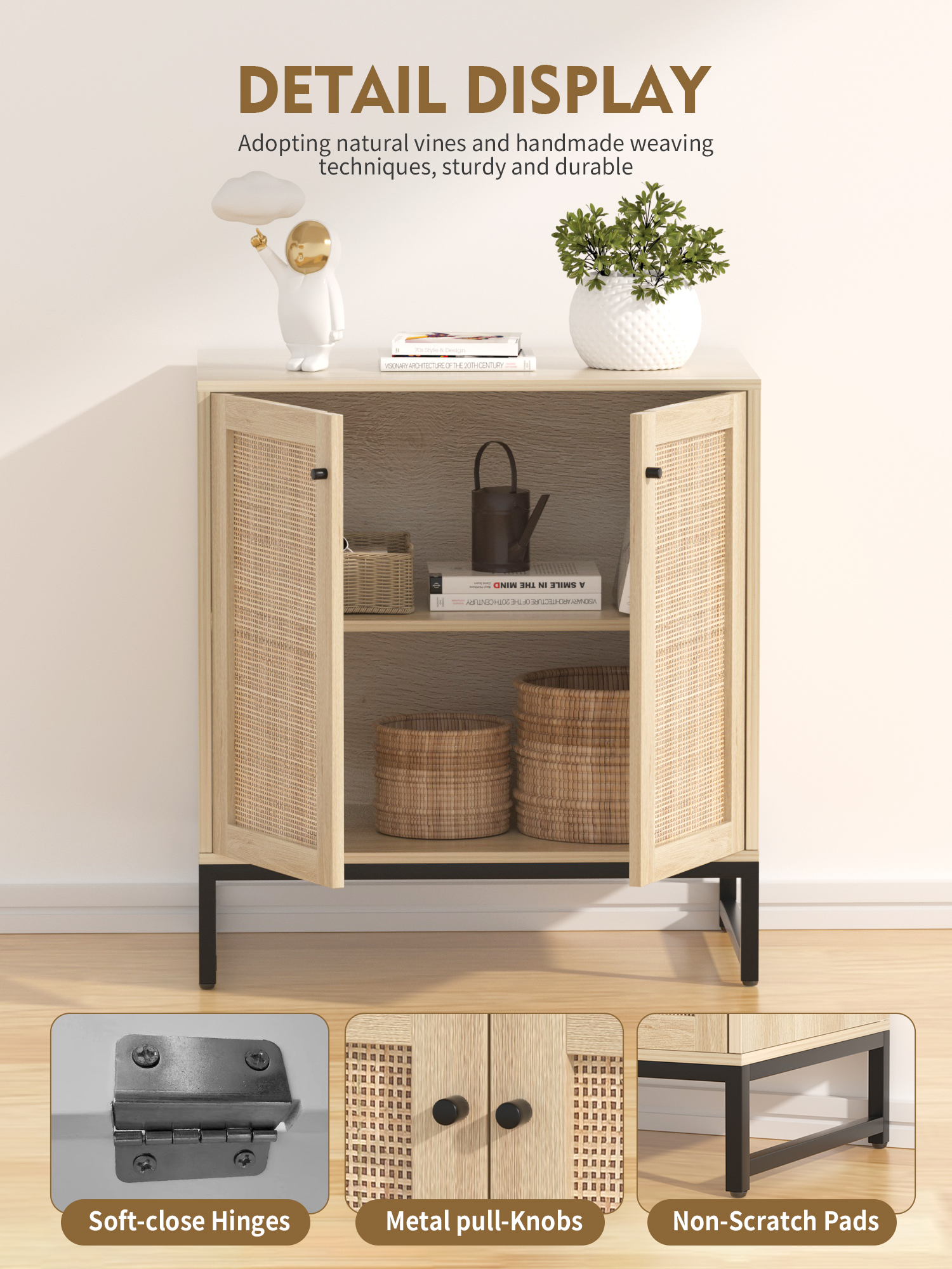 Wooden Rattan Kitchen Sideboard Buffet with Metal Legs Modern Large Storage Cabinet As Perfect Decoration for Home
