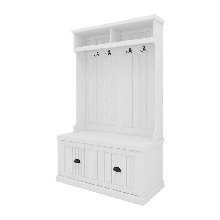 Custom White 3-in-1 Modern Vintage Industrial Entryway Hall Tree -with Coat Rack, Mudroom Bench, Drawer &amp; Living Room Storage