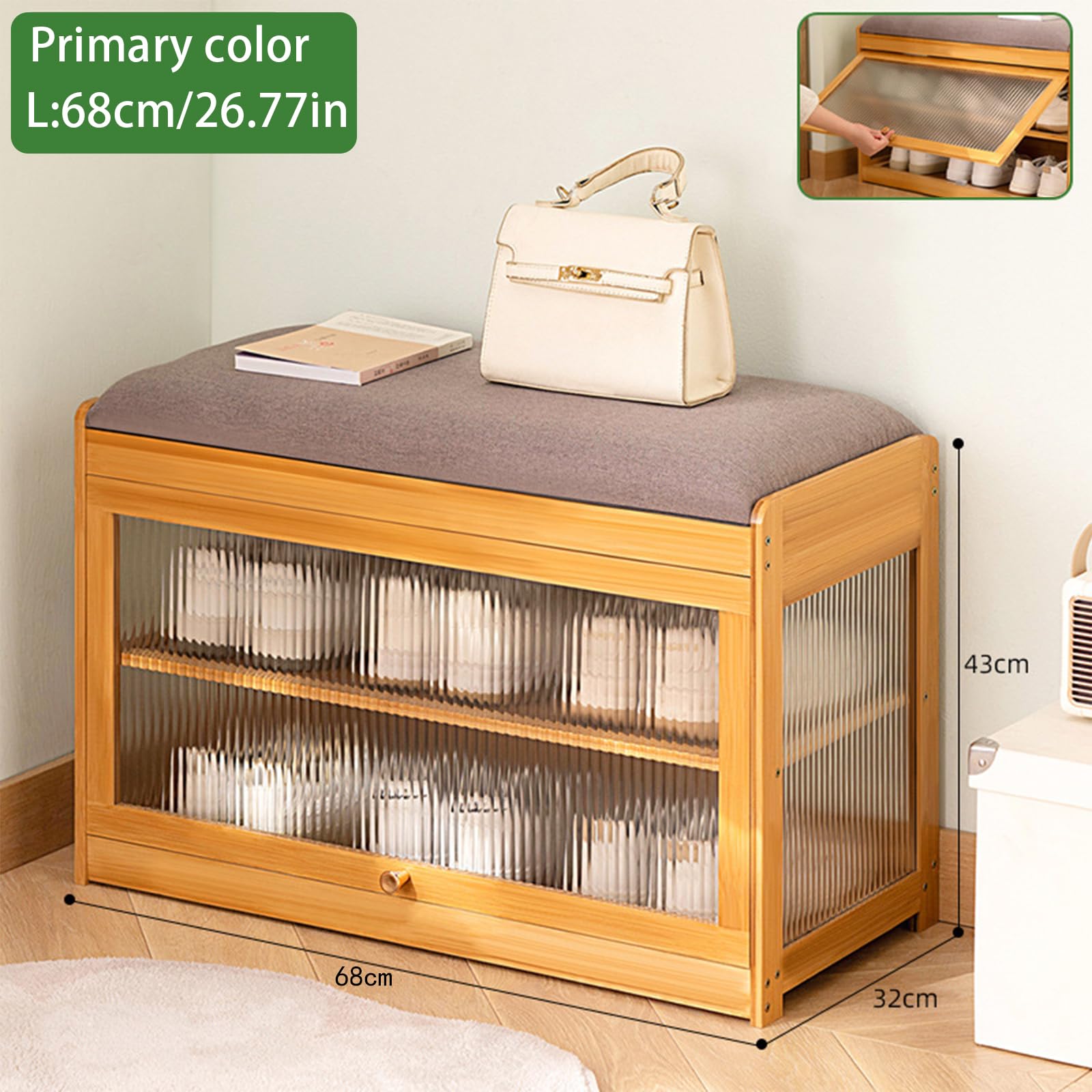 BH Natural Large Shoe Storage Bench Bamboo Entryway Bench with Seat Cushion for Mud Room Patio