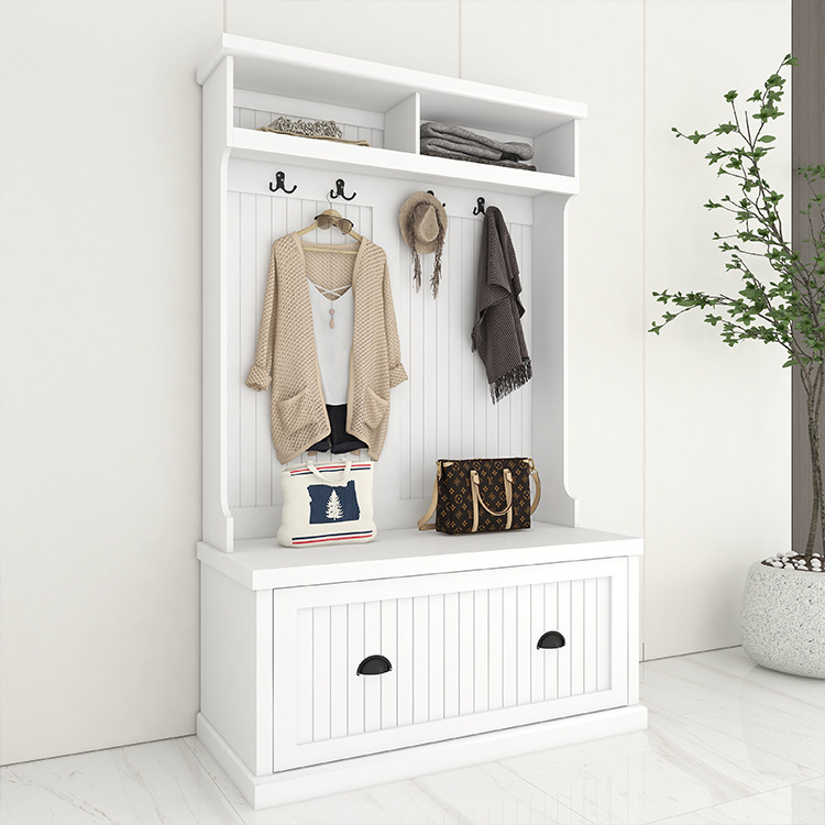Custom White 3-in-1 Modern Vintage Industrial Entryway Hall Tree -with Coat Rack, Mudroom Bench, Drawer &amp; Living Room Storage