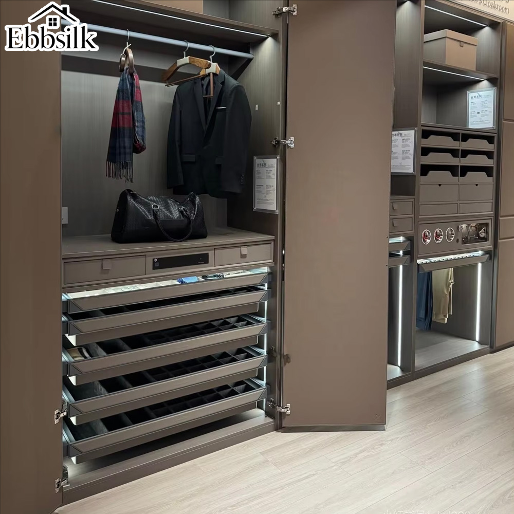 Custom Modern Walk-In Closet Cabinet Built-In Wardrobe Glass LED Lighting Accessory Drawers Divided Storage Apartment Bedroom