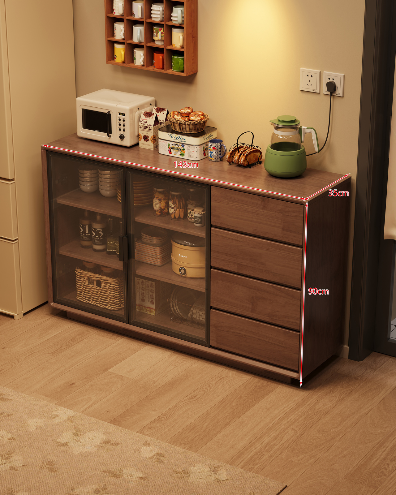 Solid Wood Tall Sideboard Buffet Cabinet with Glass Doors, Pegboard Organizer &amp; Drawers Freestanding Kitchen Pantry Storage