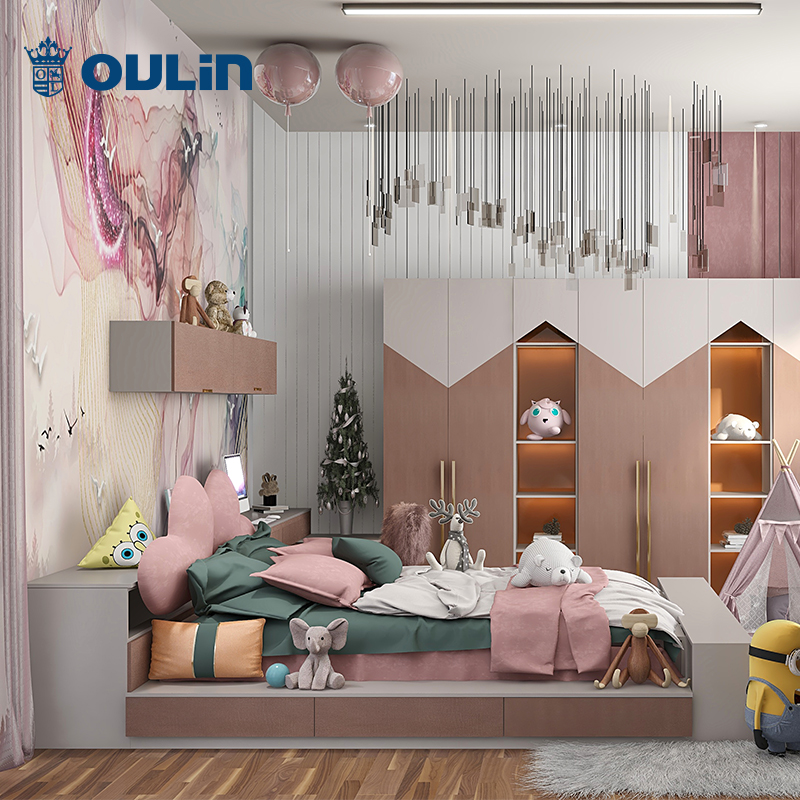 Hot Selling Wooden Modern pink Cute Girls Customization Kids Room Wardrobes Children Bedroom with Desk