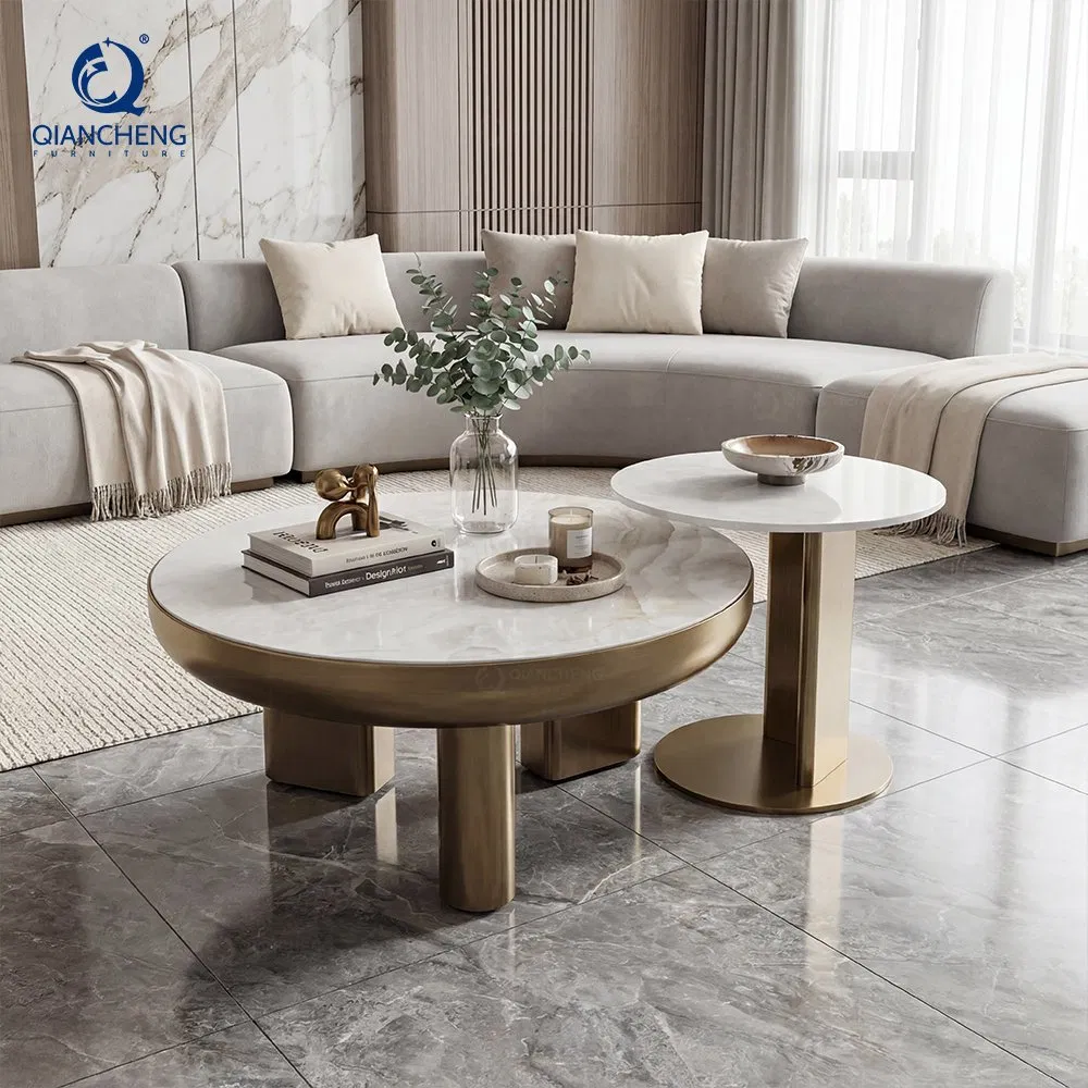 New Designed Rock Plate Ceramic Top Luxury Round Nesting Coffee Table Set with Metal Frame End Table for Living Room Furniture