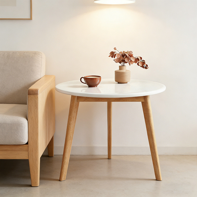 Compact Modern End Table Scandinavian Style White Wooden Side Table Mini Round Coffee Table for Living Room and Balcony