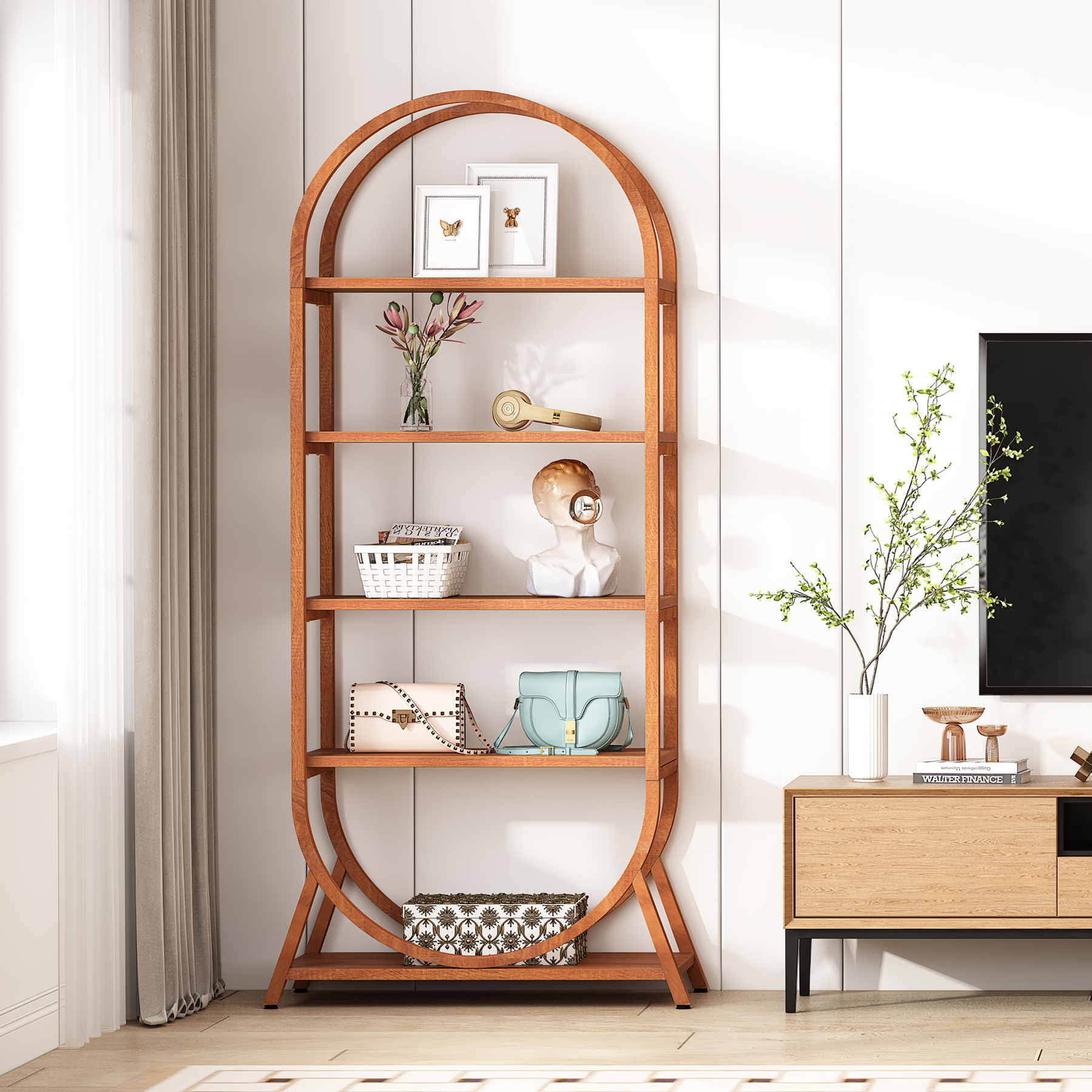Factory Home Decor 5 Layers Brown Open Storage MDF Arched Contemporary Bookshelf Bookcase Standing Type Living Room Bedroom