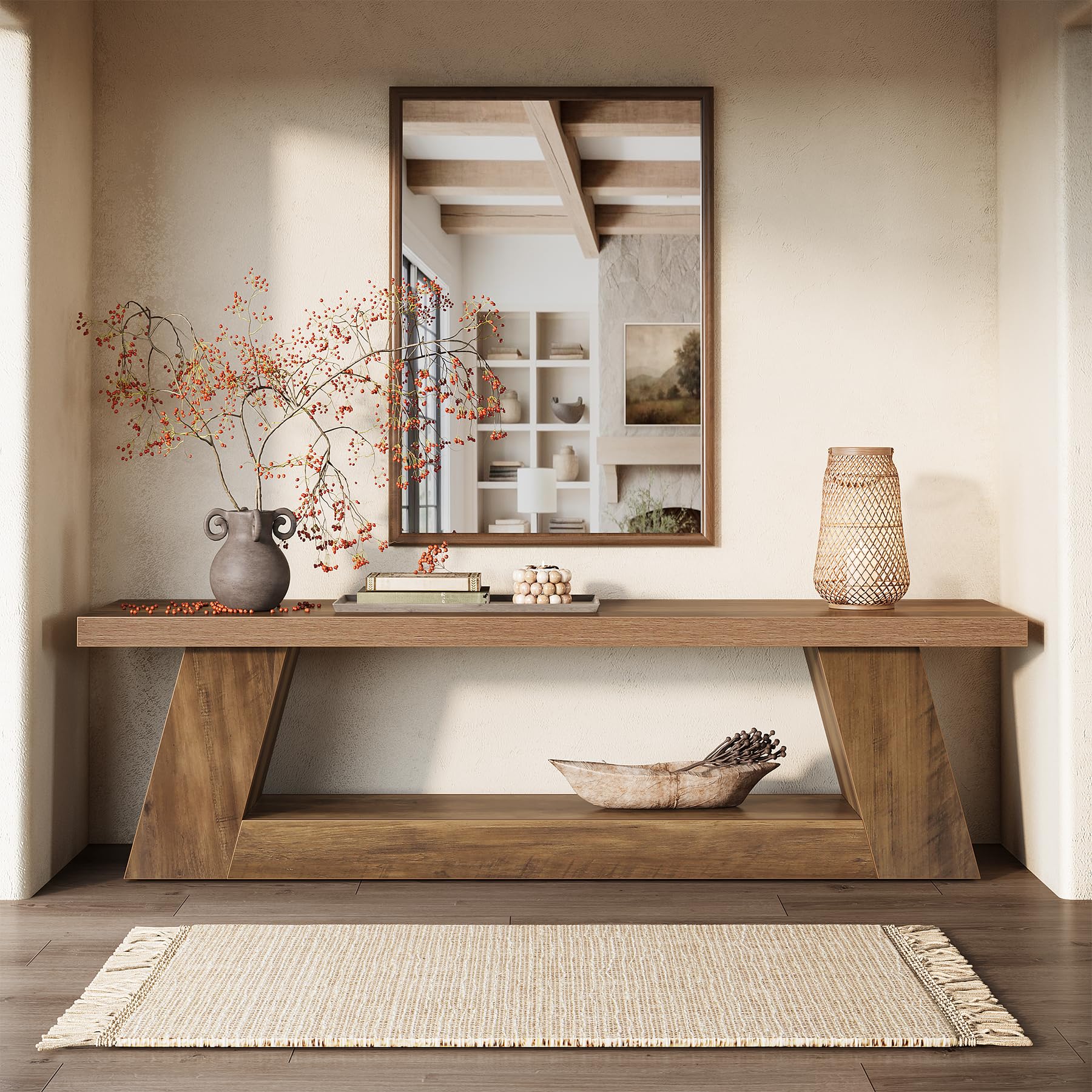 Space-Saving 63" Narrow Entryway Bench with 2-Tier Storage, Multi-Functional Hallway Seating for Small Apartment, Mudroom, Brown