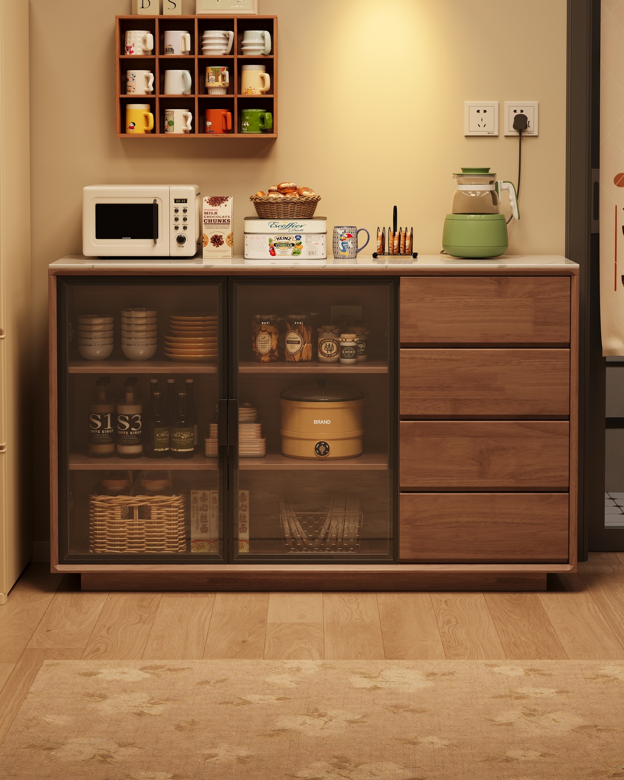 Solid Wood Tall Sideboard Buffet Cabinet with Glass Doors, Pegboard Organizer &amp; Drawers Freestanding Kitchen Pantry Storage