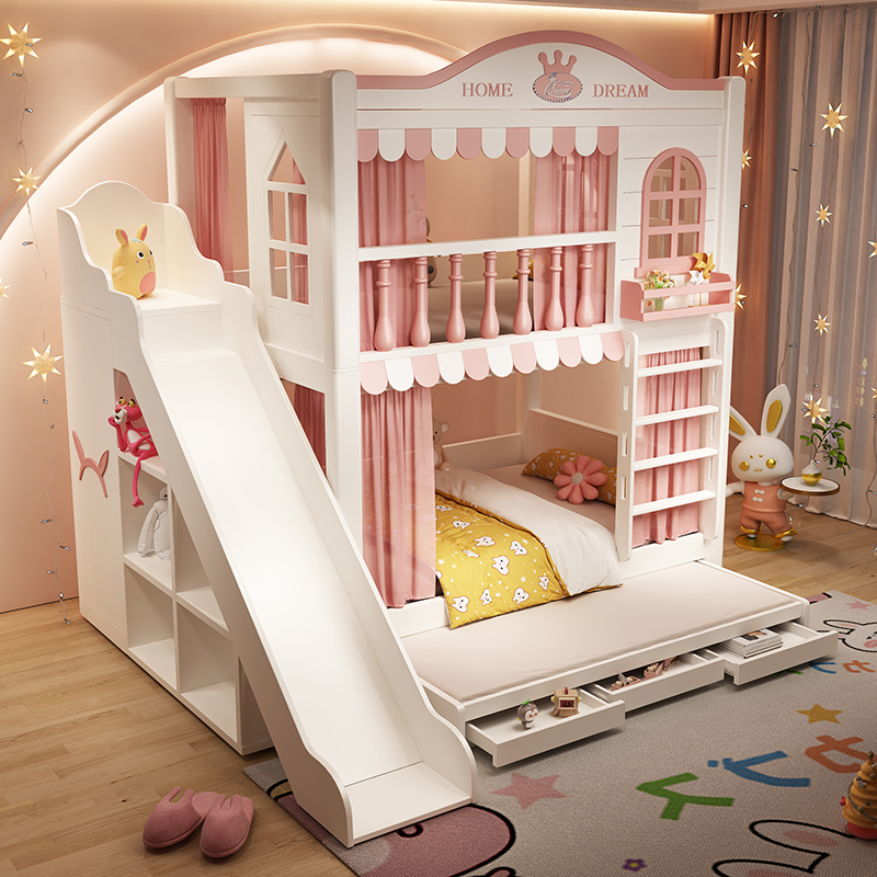 New Design Kids House Kids Bunk Bed Oval Kids Bedroom Furniture Hide Able Loft Bed With Slide and Storage Stairs