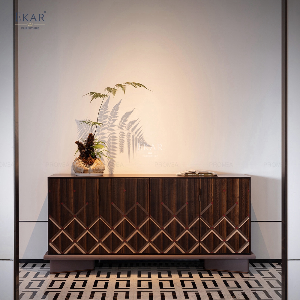 Italian Design Old Money Style Luxury Sideboard Cabinet Solid Wood Geometric Pattern Buffet Table for Modern Villa Decor