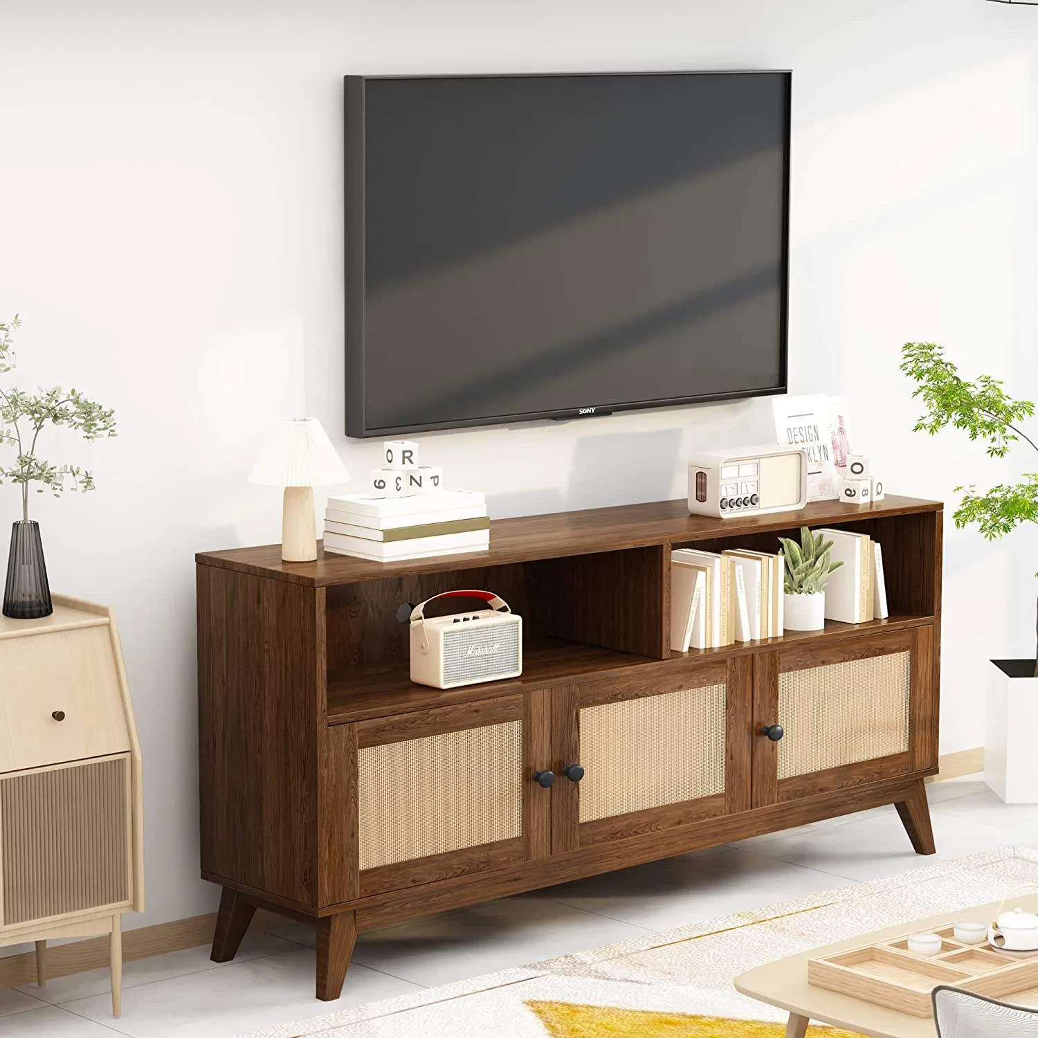 Large TV Stand- Modern Media Console with Storage Cabinets &Shelves