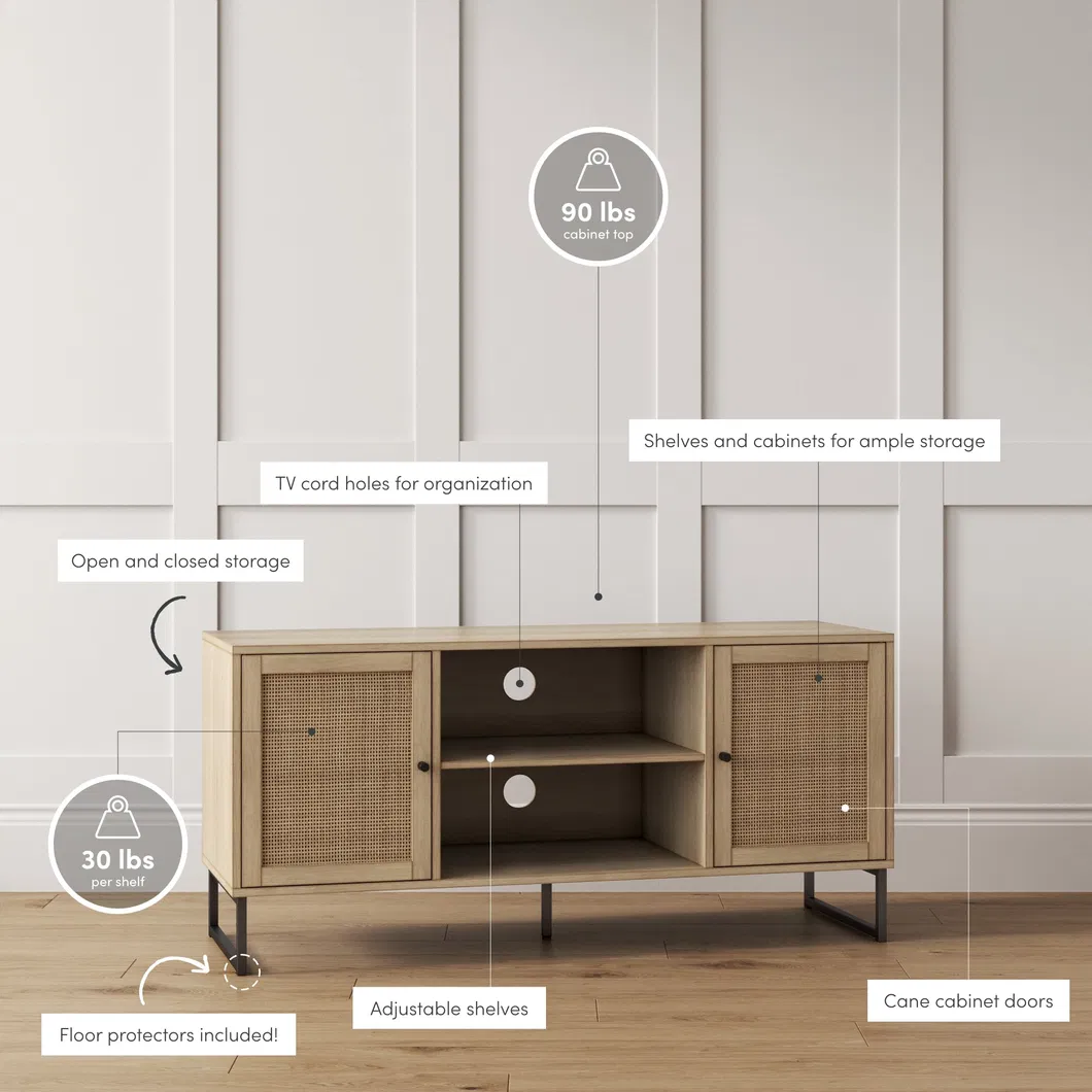 TV Stand Entertainment Cabinet, Console with a Natural Wood Finish and Matte Accents with Storage Doors for Living Media Room