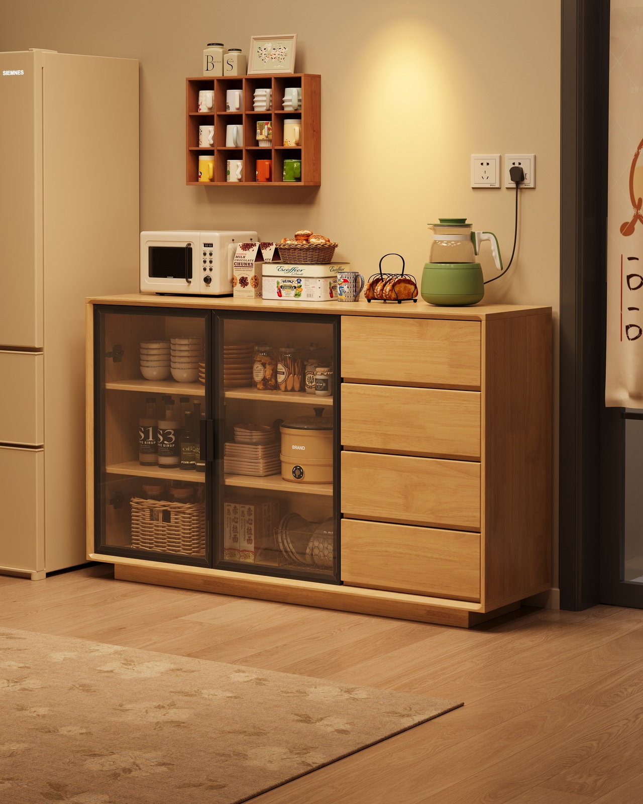 Solid Wood Tall Sideboard Buffet Cabinet with Glass Doors, Pegboard Organizer &amp; Drawers Freestanding Kitchen Pantry Storage