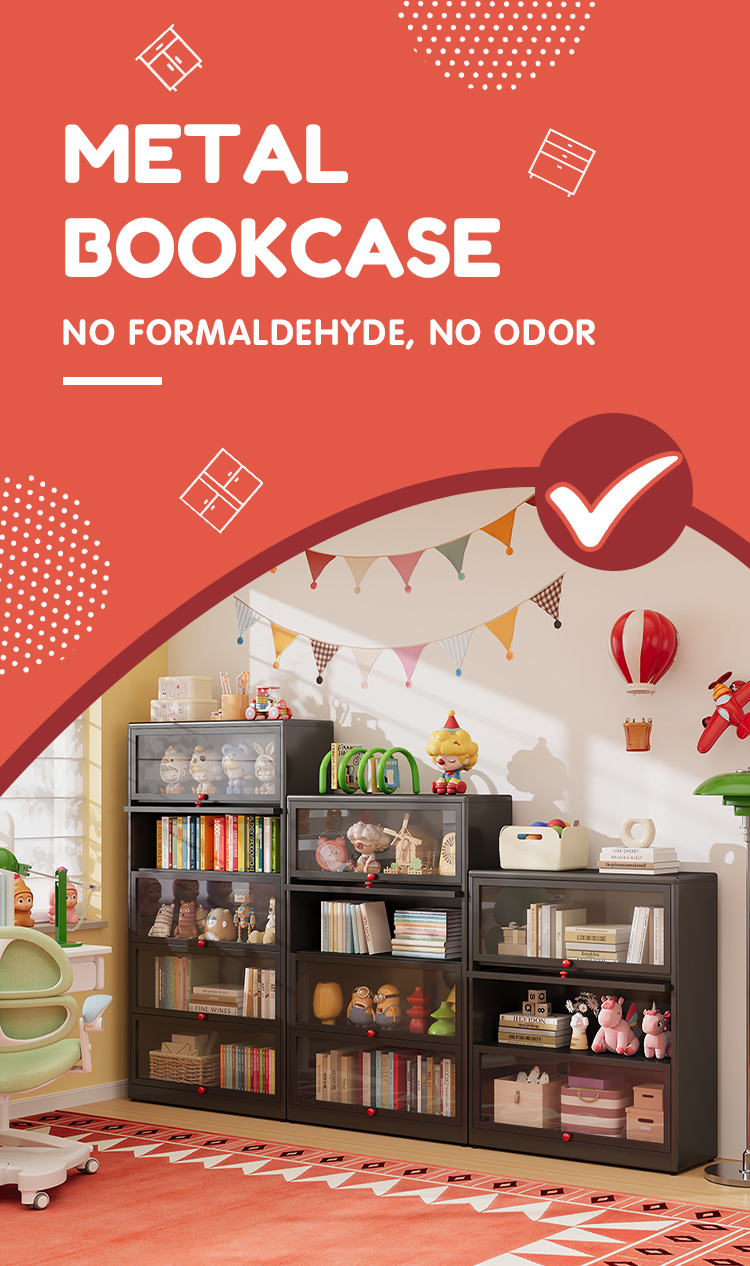 Home Storage Cabinet Steel Bookcase Living Room Multi-layer Iron Bookcase Black Bookshelf with Glass Doors and Drawers