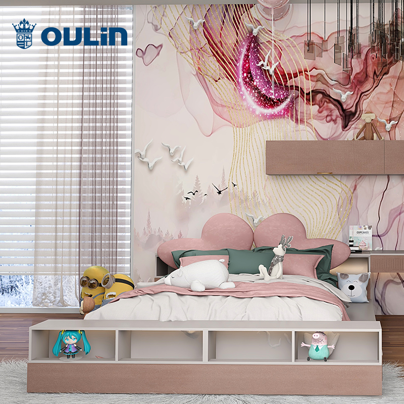 Hot Selling Wooden Modern pink Cute Girls Customization Kids Room Wardrobes Children Bedroom with Desk