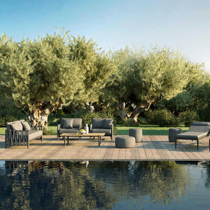 Minimalist Aluminum Outdoor Sofa &amp; Lounge Chair Combination With Cushions For Hotel Villa Garden Terrace