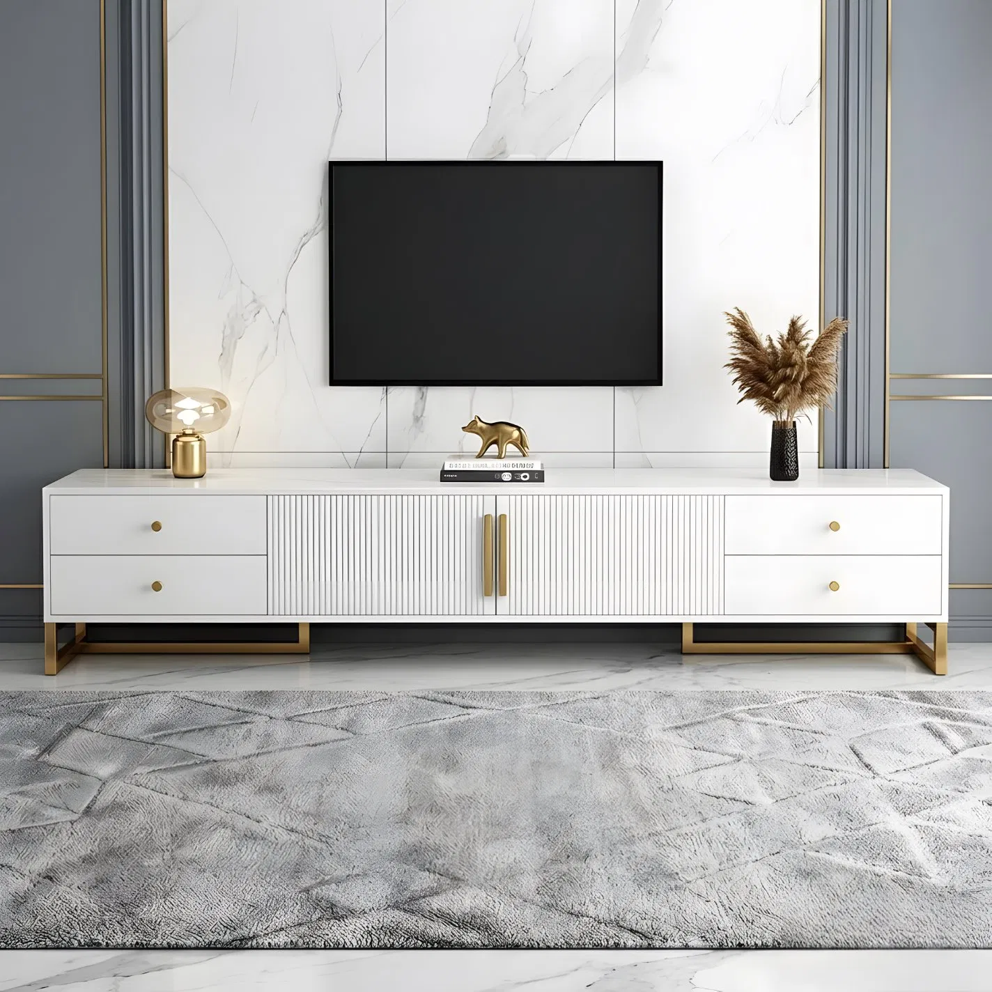 White Media TV Console for Living Room with Storage Drawers and Doors