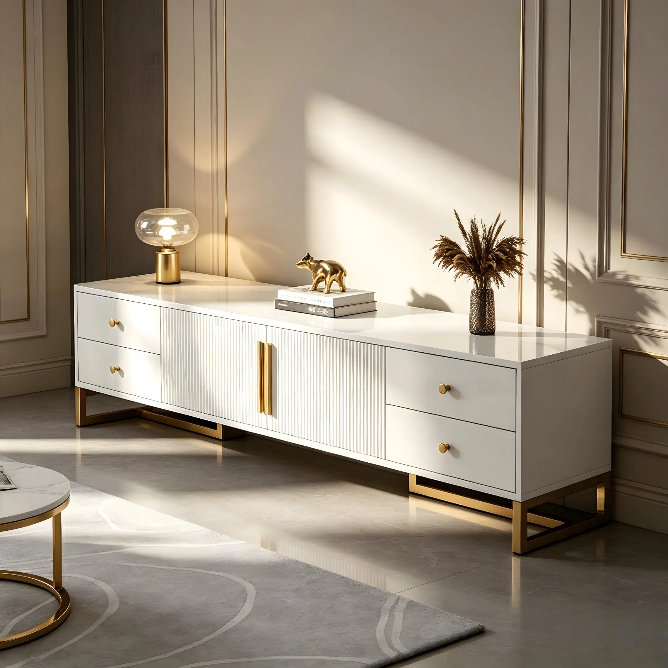 White Media TV Console for Living Room with Storage Drawers and Doors