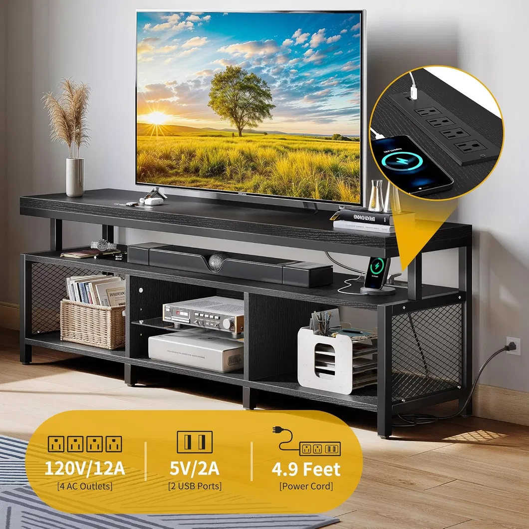 Black Modern Television Stand Industrial Media TV Console Cabinet with Power Outlets