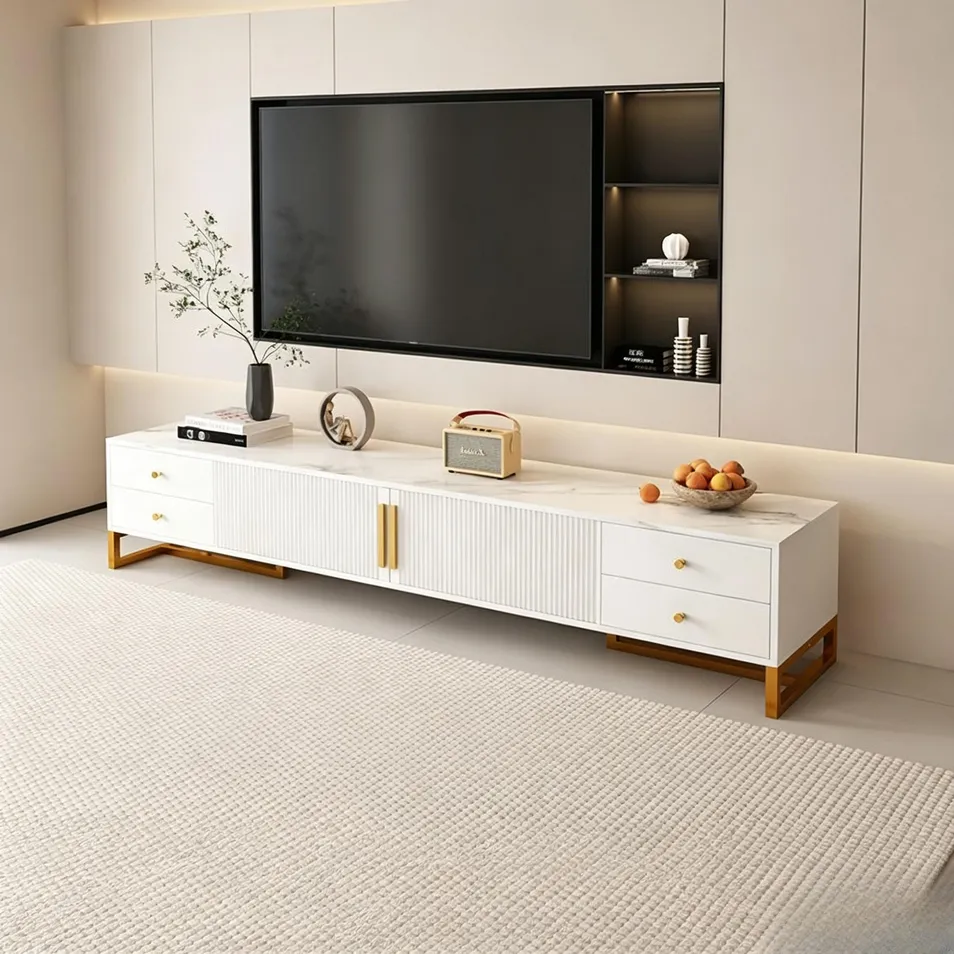 Luxury Media TV Console for Living Room with Gold Handle Storage Cabinet
