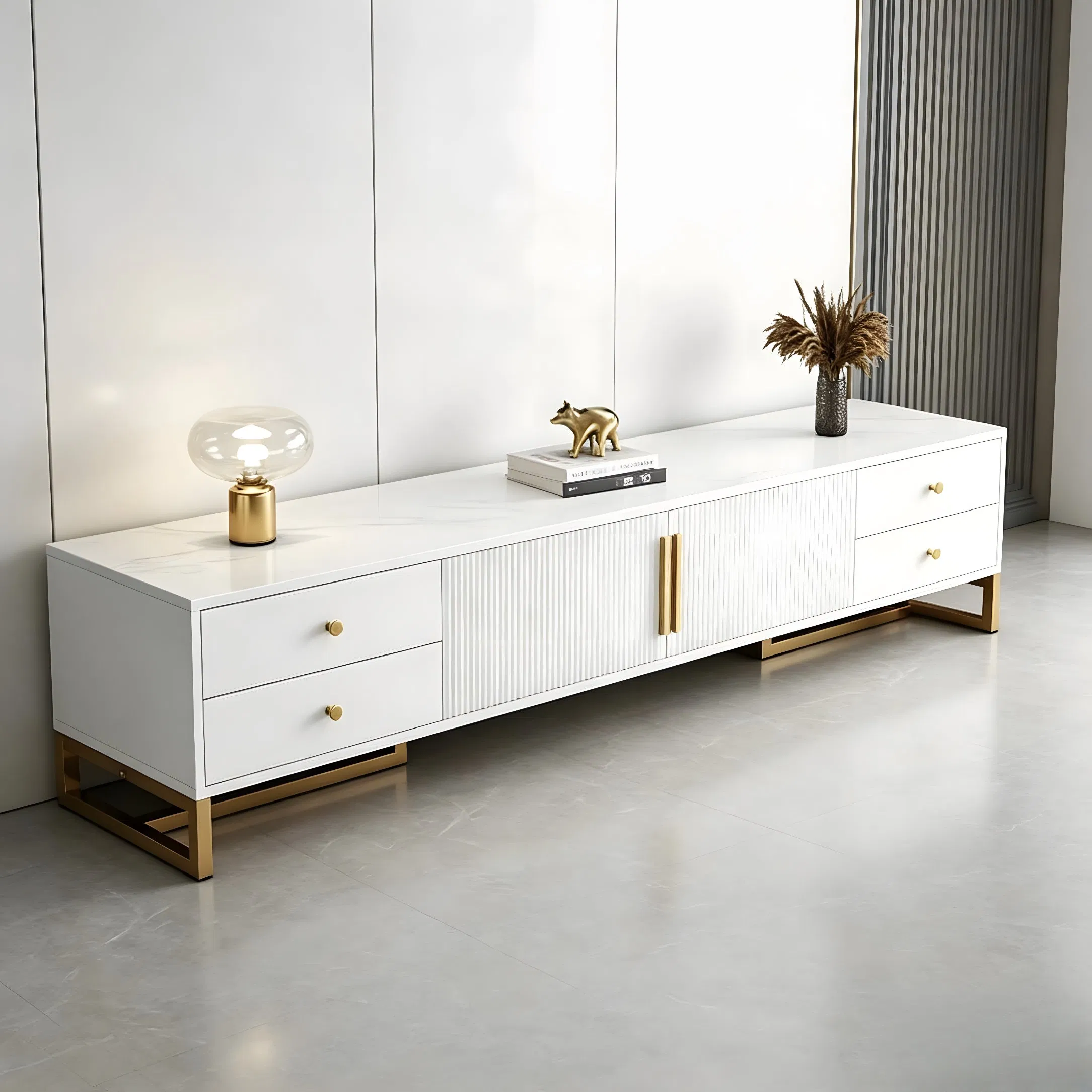 Luxury Media TV Console for Living Room with Gold Handle Storage Cabinet