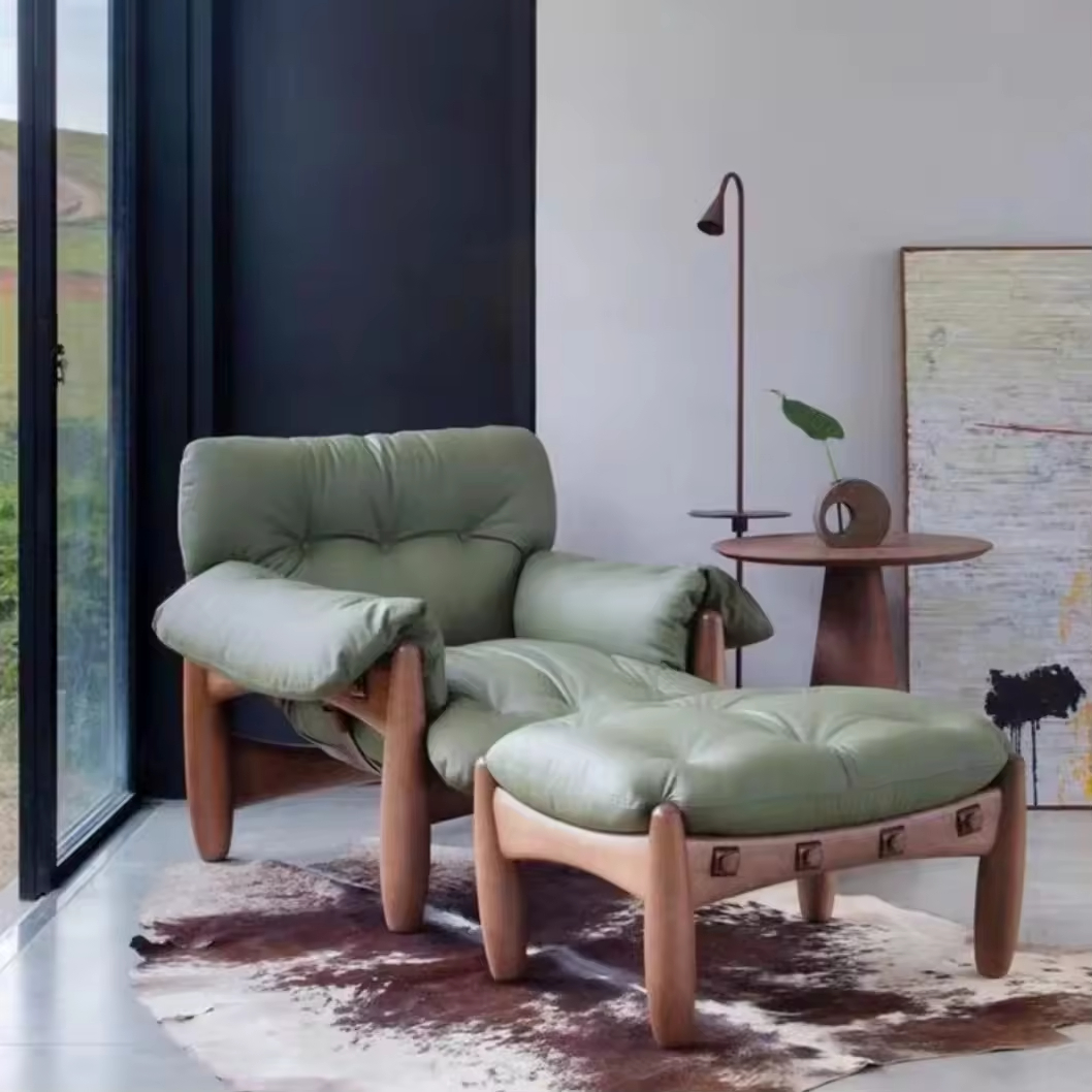 High-quality Leather Accent Dining Chair Mid Century Single Sofa Recliner Relaxation Wooden Armchair