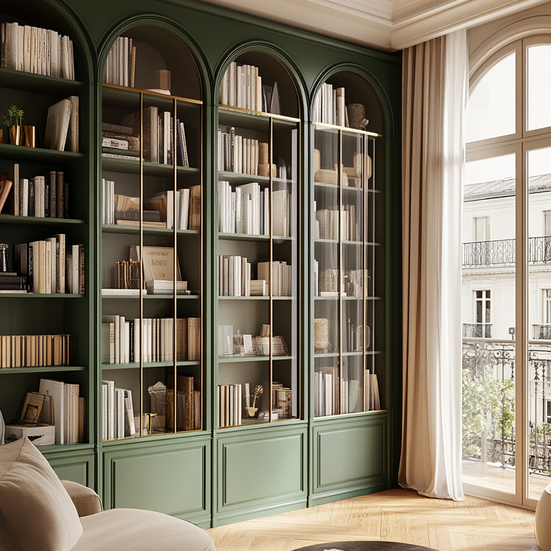 French-style Traditional Fully Customized Eco-Friendly Modular Wood Home Study Office Full-Wall Curved Cabinet Doors Bookshelves